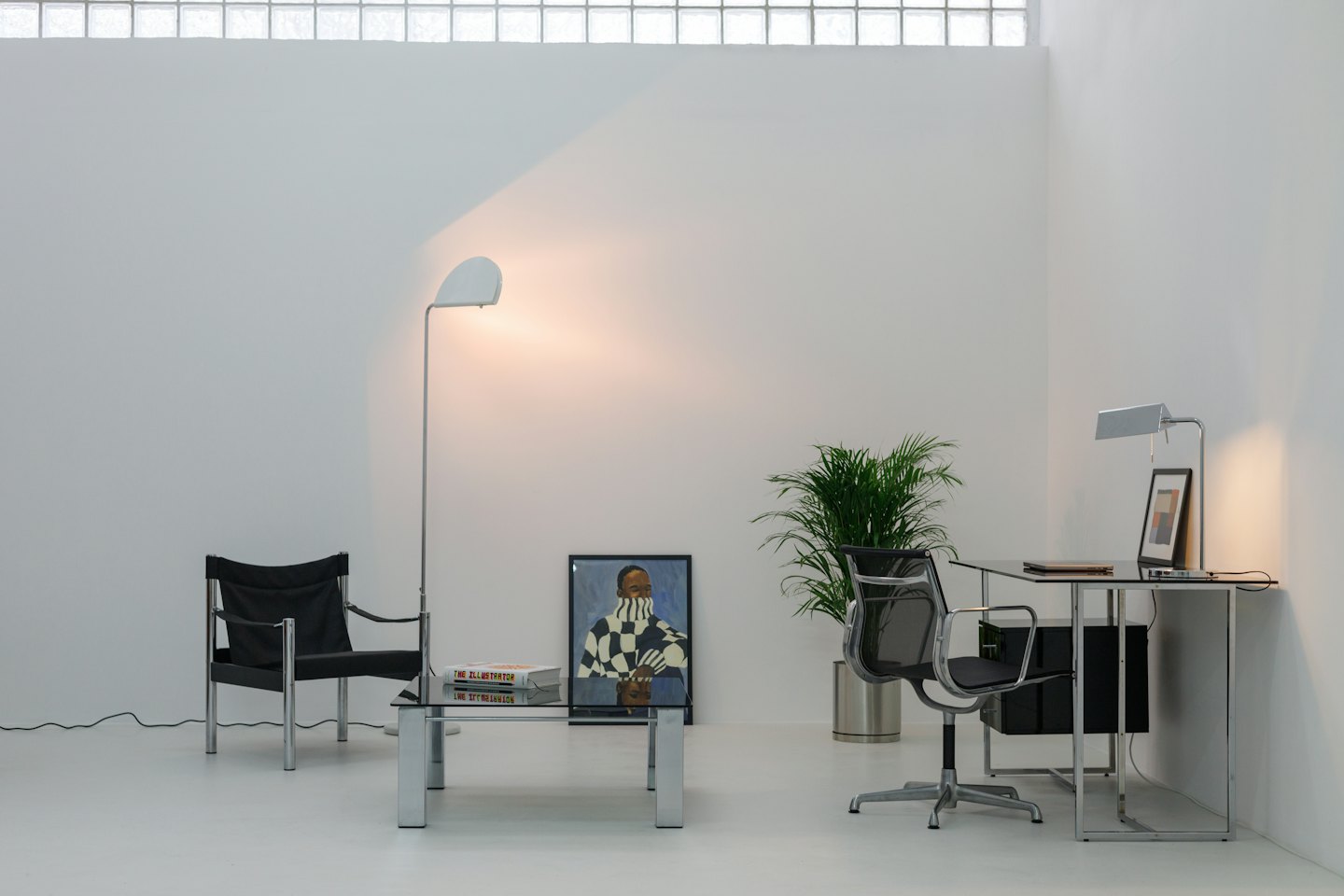 Modern office and lounge with minimalist furniture.